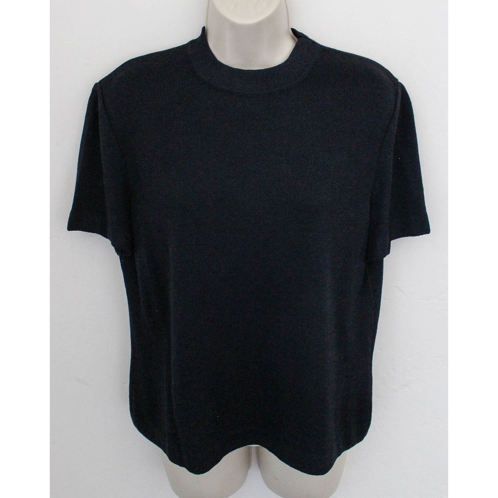 St. John Sweater Top Medium Black Knit Shoulder Zipper Short Sleeve Made USA